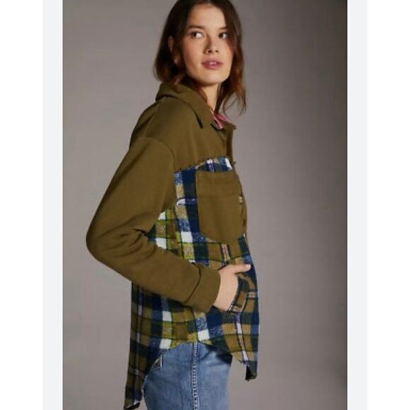 Pilcro Anthropologie Plaid Contrast Shirt Jacket Shacket M Olive Green Boho EUC - Picture 5 of 8